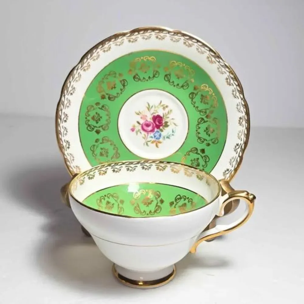 Sutherland Teacup and Saucer Green Pink Flowers Vintage